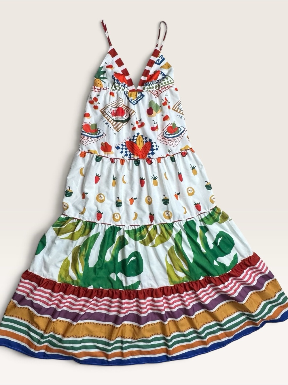 Colorful Tropical Fruit Print Tiered Maxi Dress Size M Dopamine Resort